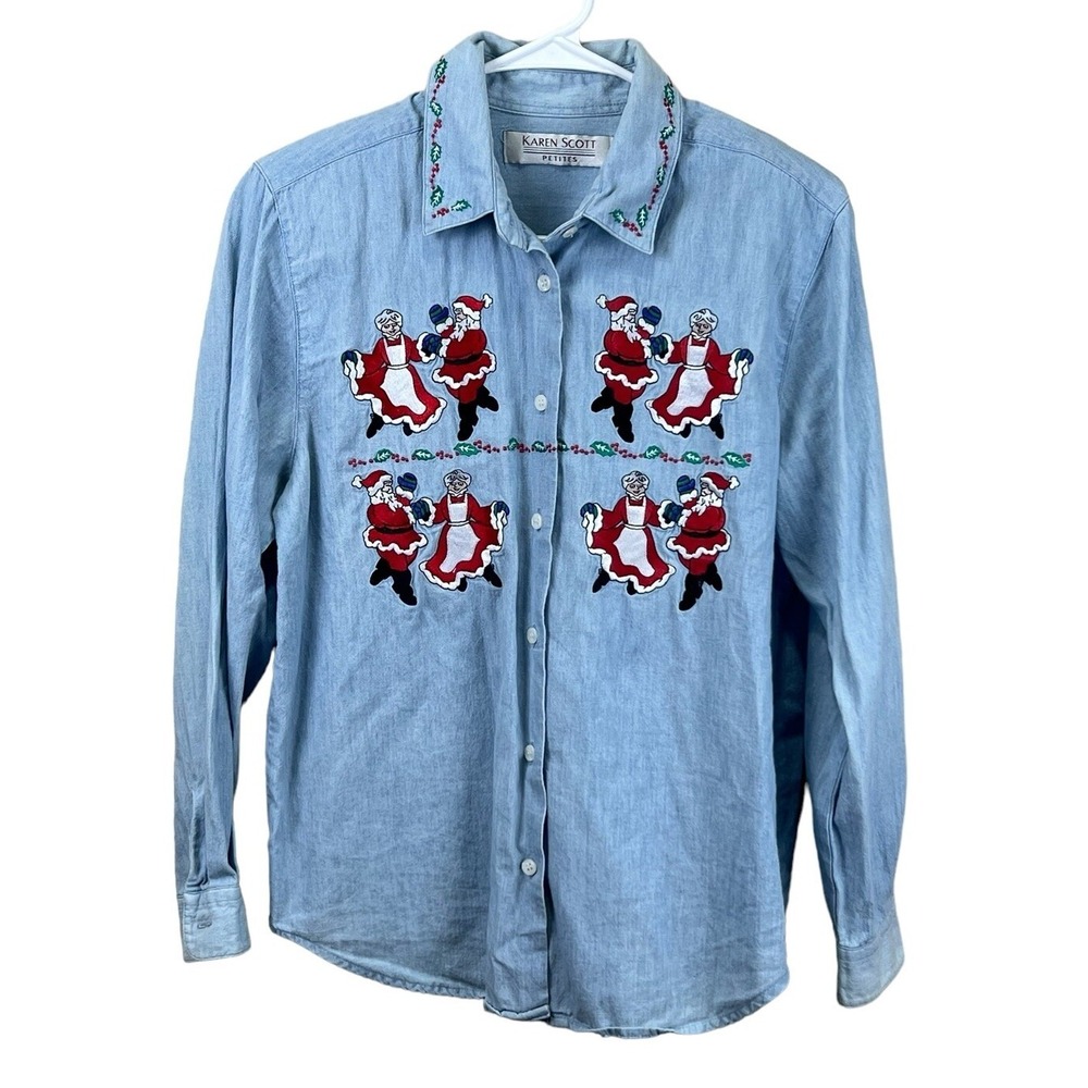 Karen Scott Womens Size 8P Christmas Button Up Shirt Blue Denim Santa Ms Claus
